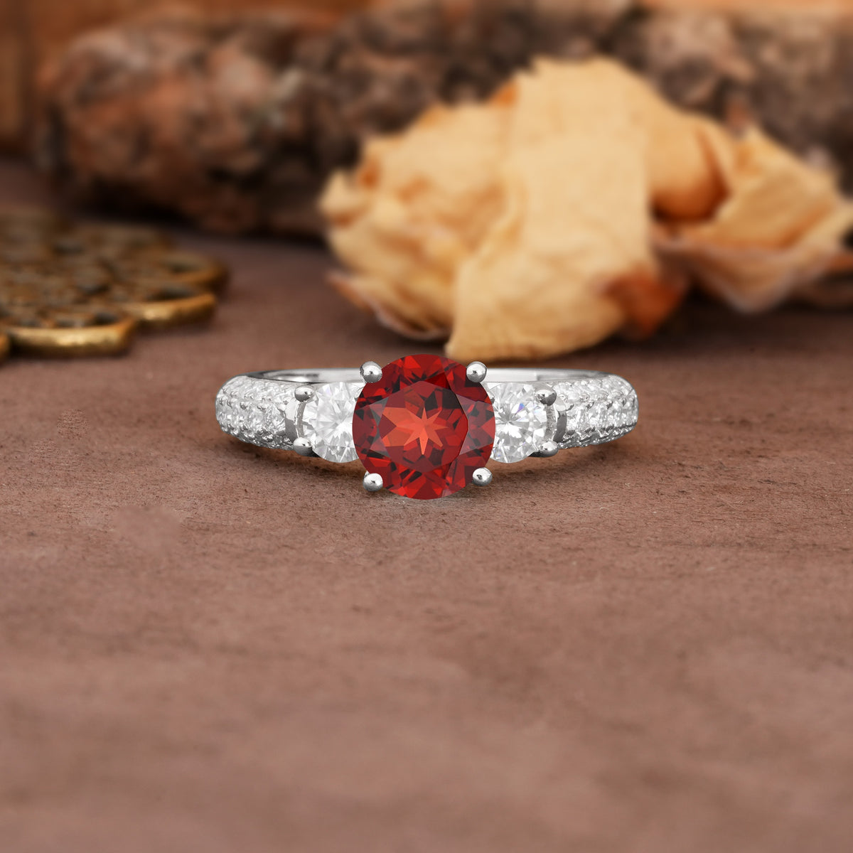 Luxurious Vintage Style Pavé Set Band, 4 Prong Round Cut Garnet Three Stone Wedding Ring - Additional view