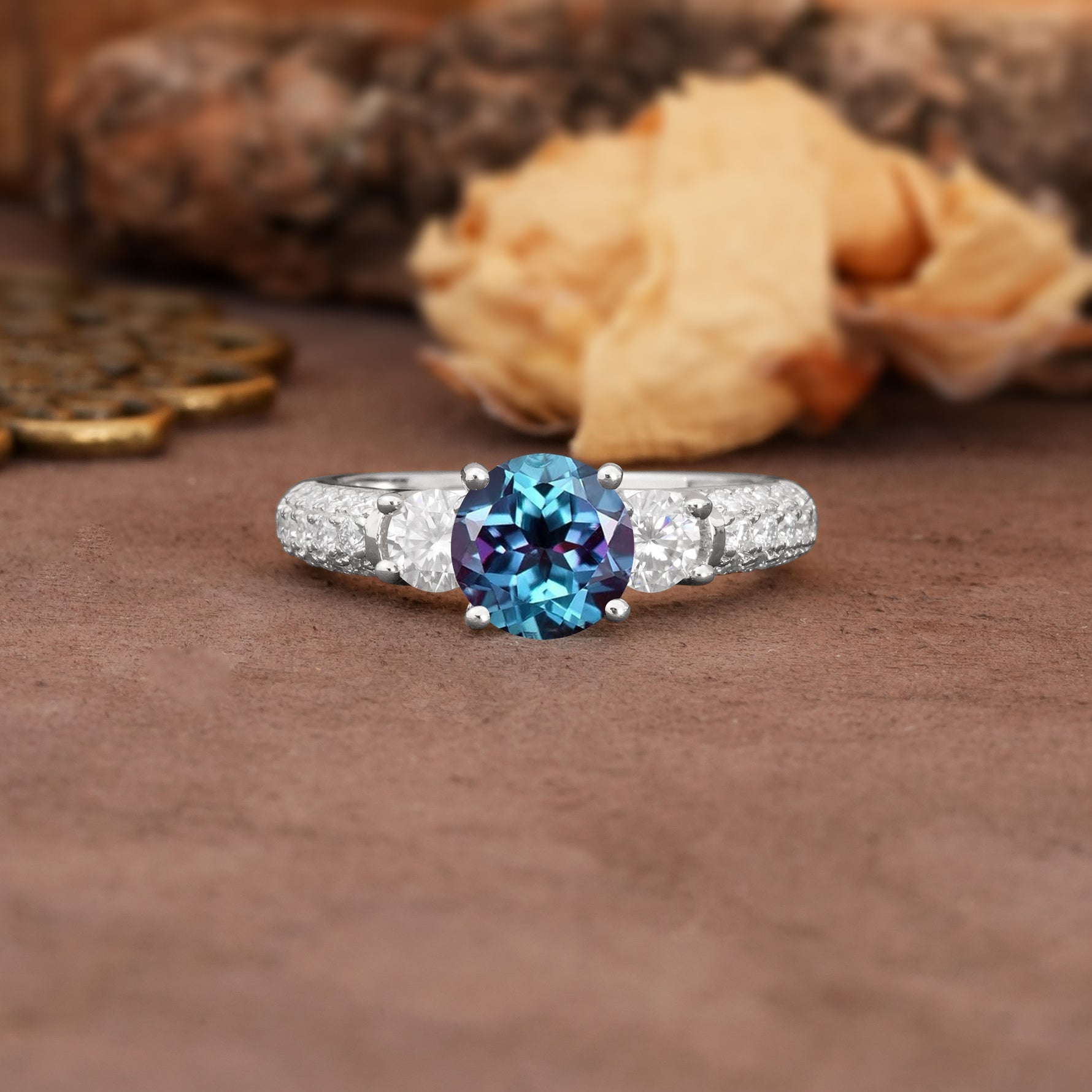 Luxurious Vintage Style Pavé Set Band, 4 Prong Round Cut Alexandrite Three Stone Wedding Ring - Additional view