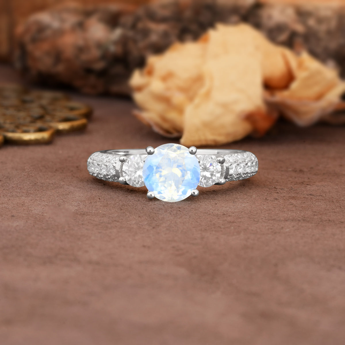 Luxurious Vintage Style Pavé Set Band, 4 Prong Round Cut Moonstone Three Stone Wedding Ring - Additional view