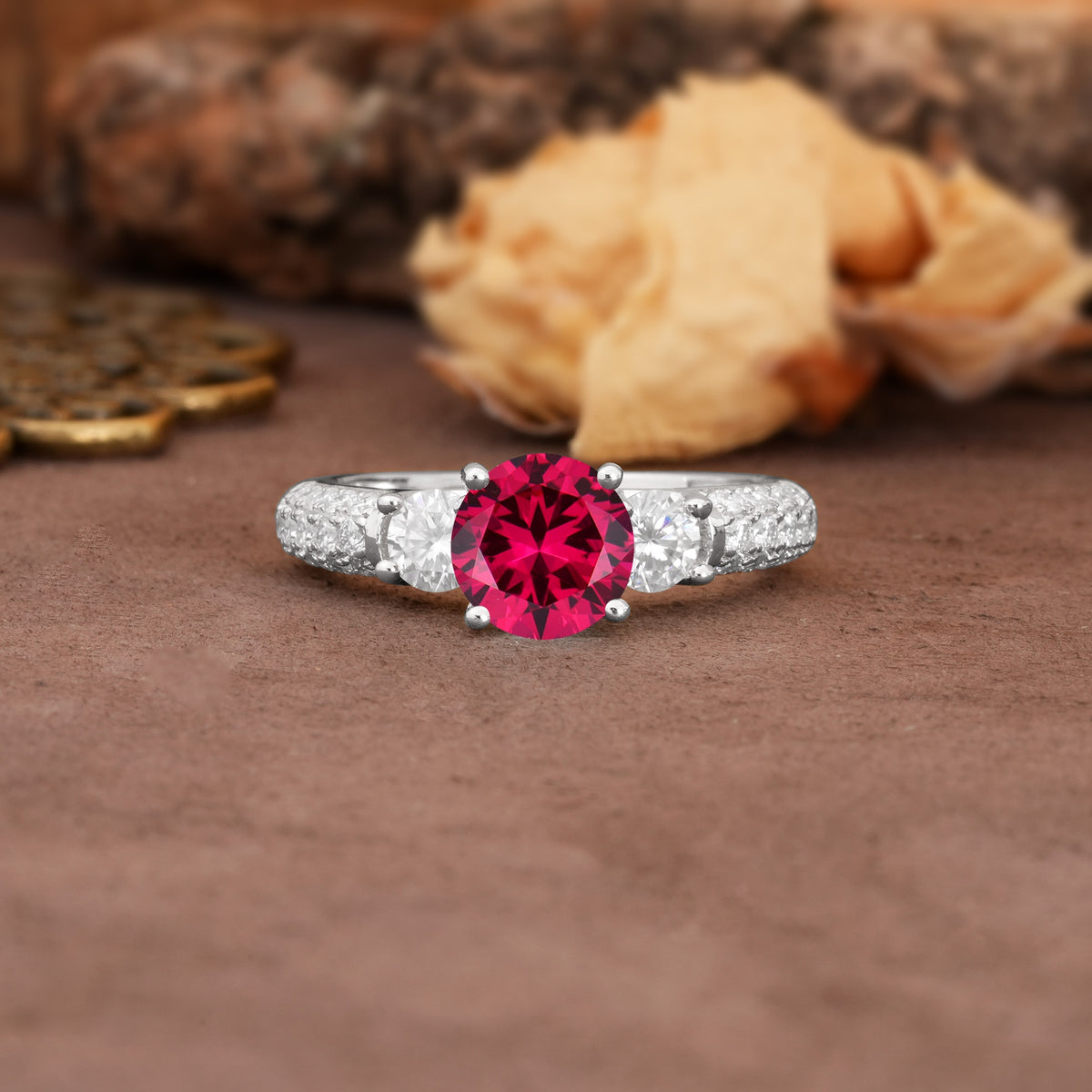 Luxurious Vintage Style Pavé Set Band, 4 Prong Round Cut Ruby Three Stone Wedding Ring - Additional view