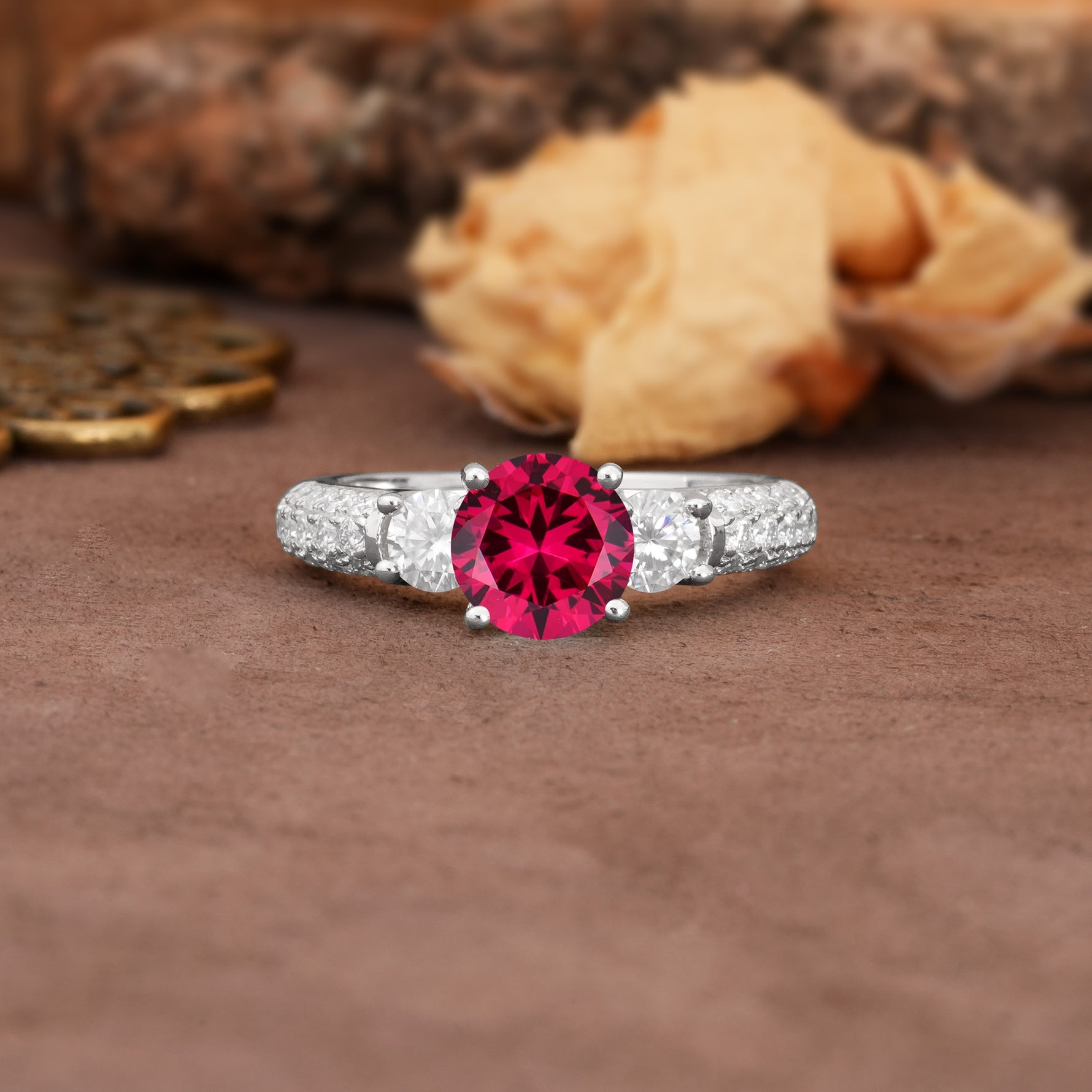Luxurious Vintage Style Pavé Set Band, 4 Prong Round Cut Ruby Three Stone Wedding Ring - Additional view