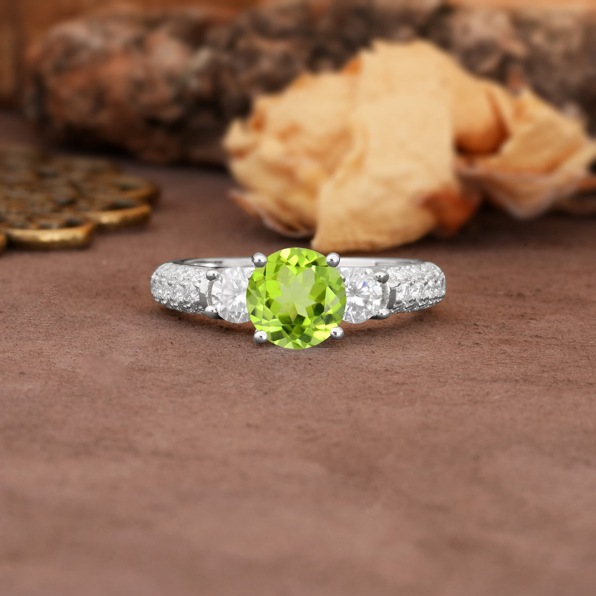 Luxurious Vintage Style Pavé Set Band, 4 Prong Round Cut Peridot Three Stone Wedding Ring - Additional view