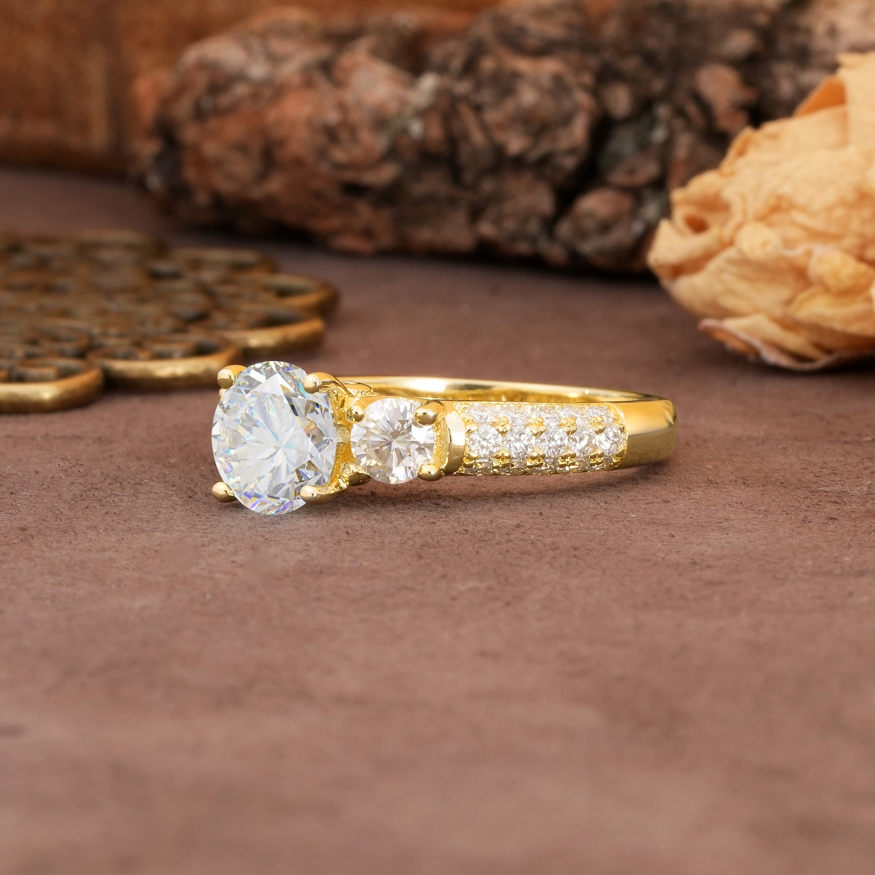 Luxurious Vintage Style Pavé Set Band, 4 Prong Round Cut Moissanite Three Stone Wedding Ring - Additional view