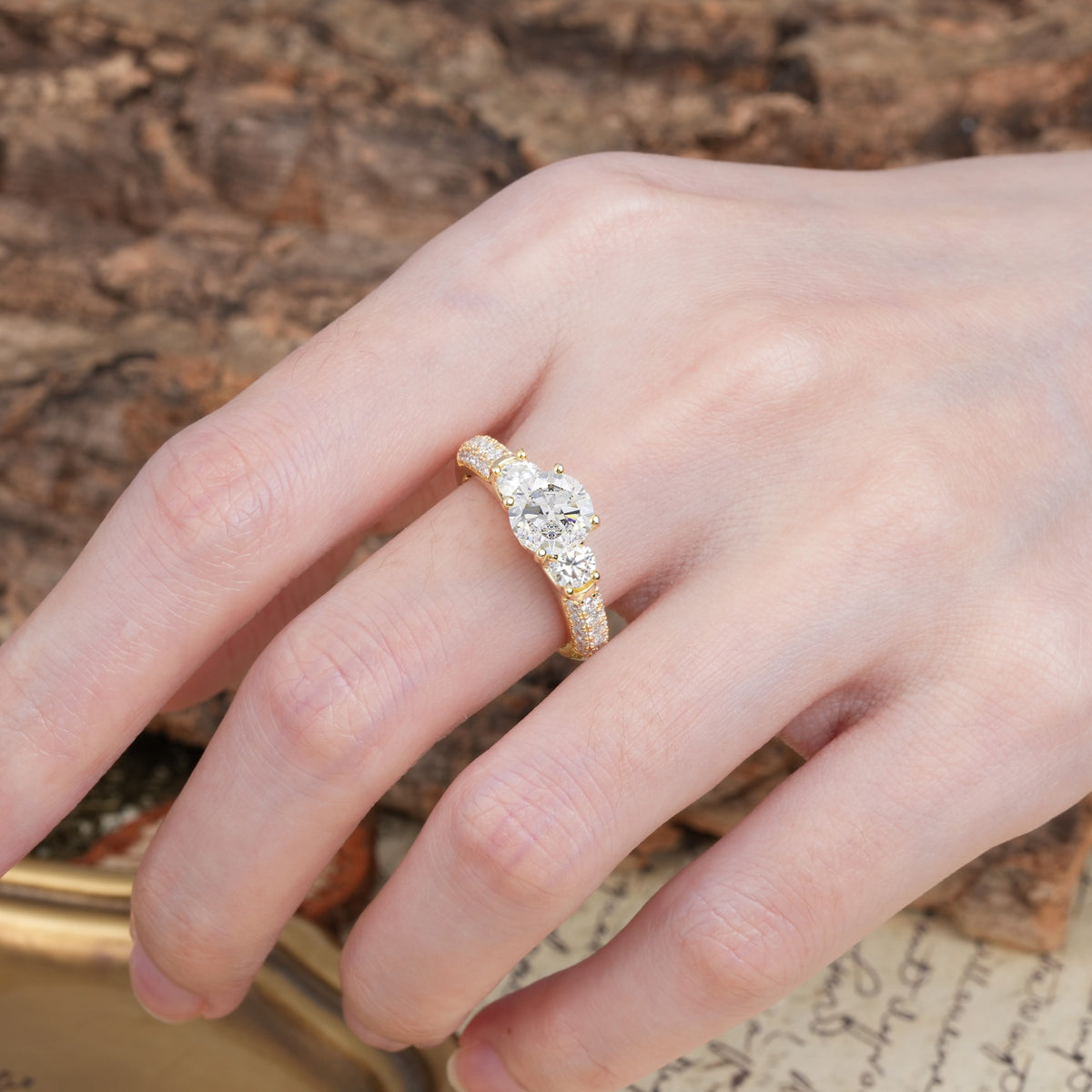 Luxurious Vintage Style Pavé Set Band, 4 Prong Round Cut Moissanite Three Stone Wedding Ring - Additional view