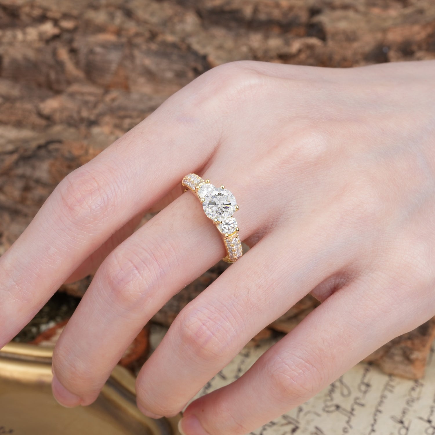 Luxurious Vintage Style Pavé Set Band, 4 Prong Round Cut Moissanite Three Stone Wedding Ring - Additional view