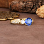 Luxurious Vintage Style Pavé Set Band, 4 Prong Round Cut Sapphire Three Stone Wedding Ring - Additional view