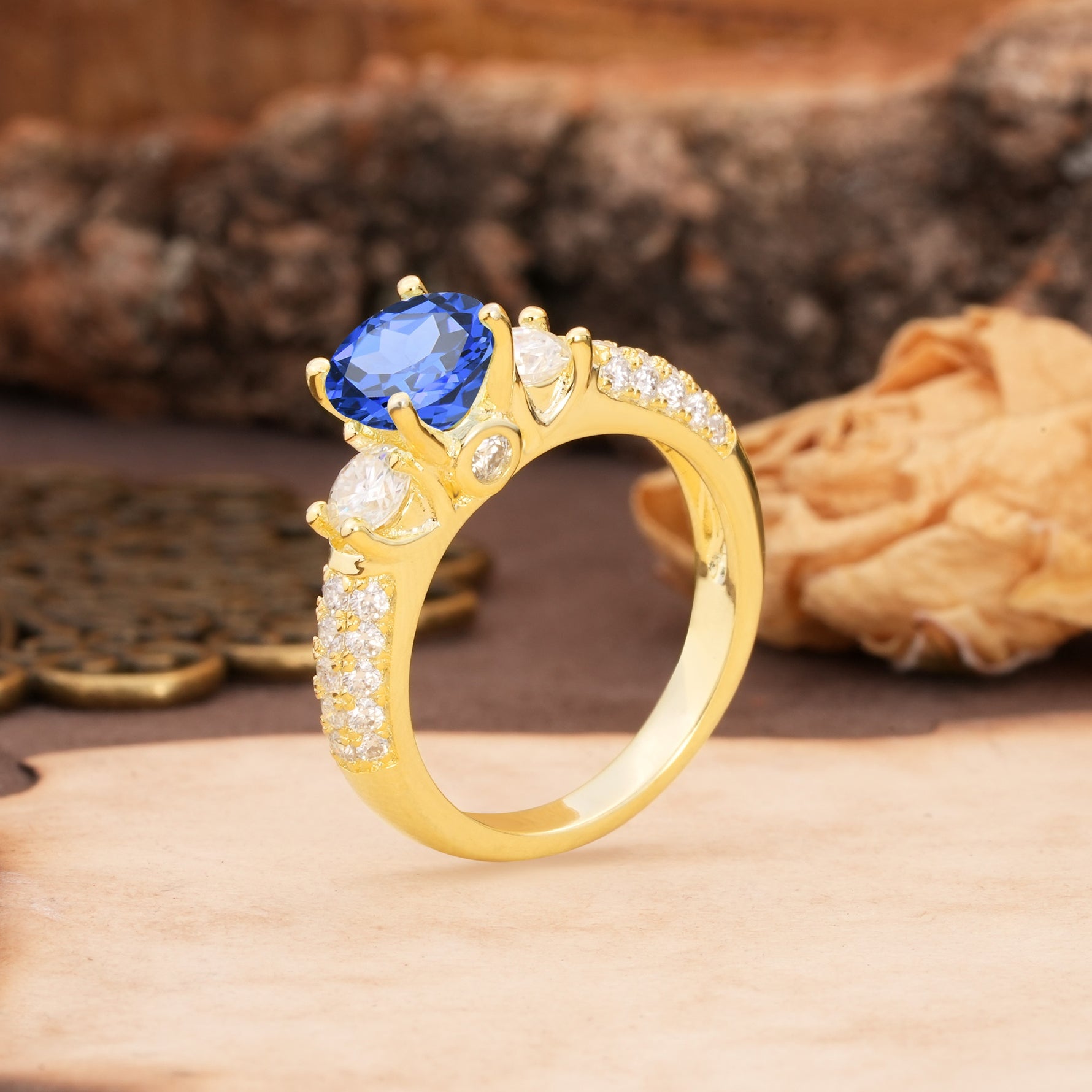 Luxurious Vintage Style Pavé Set Band, 4 Prong Round Cut Sapphire Three Stone Wedding Ring - Additional view
