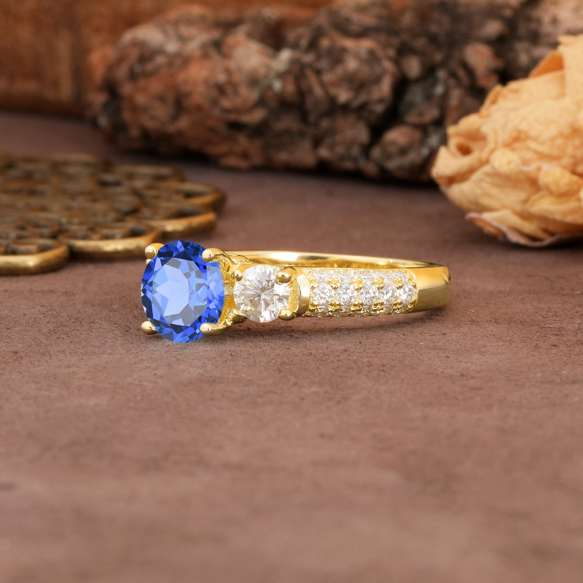 Luxurious Vintage Style Pavé Set Band, 4 Prong Round Cut Sapphire Three Stone Wedding Ring - Additional view