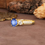 Luxurious Vintage Style Pavé Set Band, 4 Prong Round Cut Sapphire Three Stone Wedding Ring - Additional view
