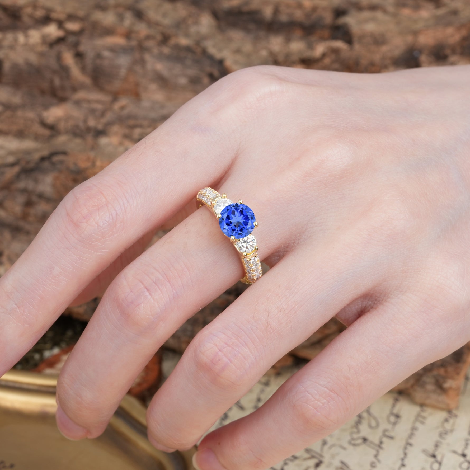 Luxurious Vintage Style Pavé Set Band, 4 Prong Round Cut Sapphire Three Stone Wedding Ring - Additional view