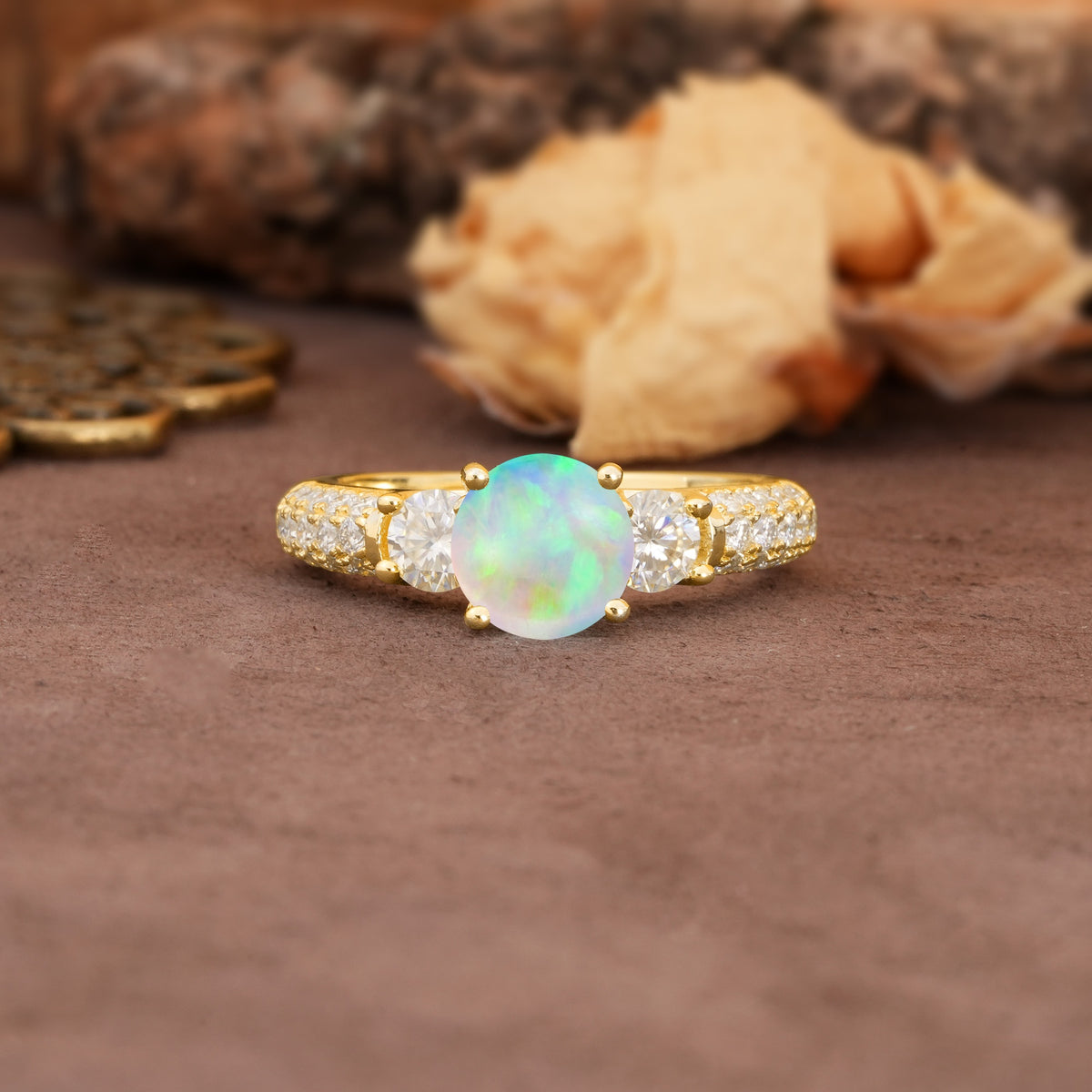 Luxurious Vintage Style Pavé Set Band, 4 Prong Round Cut Fire Opal Three Stone Wedding Ring - Additional view