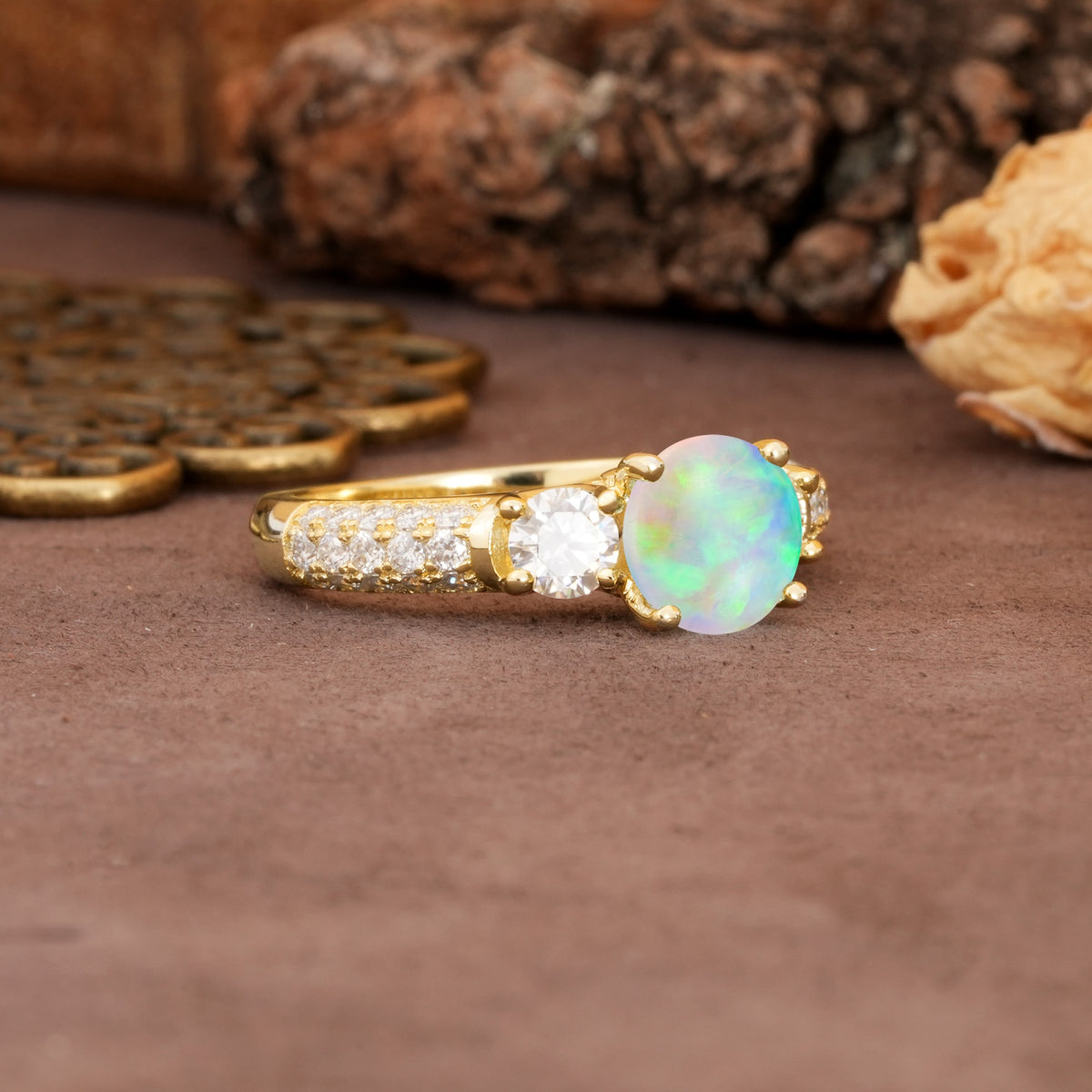 Luxurious Vintage Style Pavé Set Band, 4 Prong Round Cut Fire Opal Three Stone Wedding Ring - Additional view