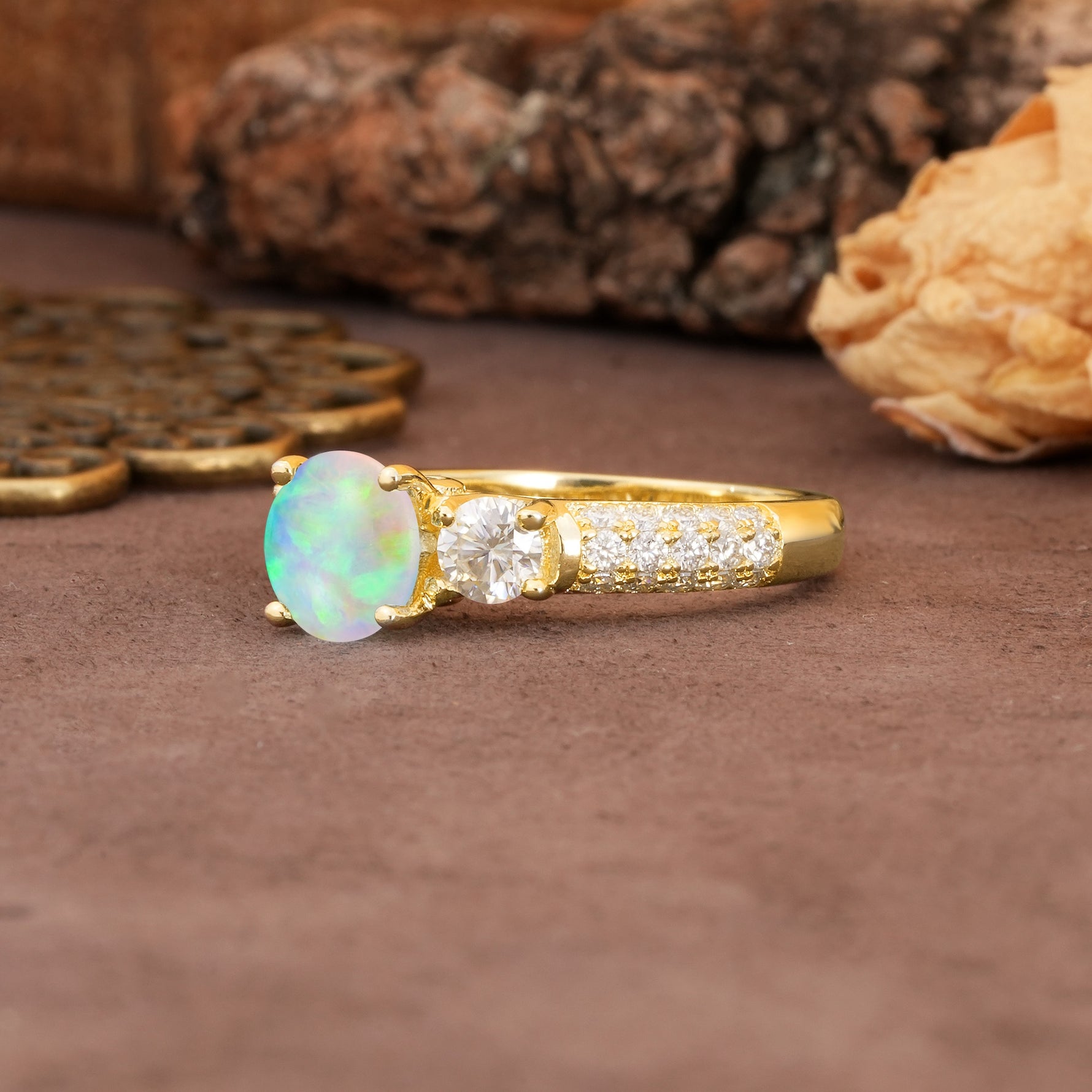 Luxurious Vintage Style Pavé Set Band, 4 Prong Round Cut Fire Opal Three Stone Wedding Ring - Additional view