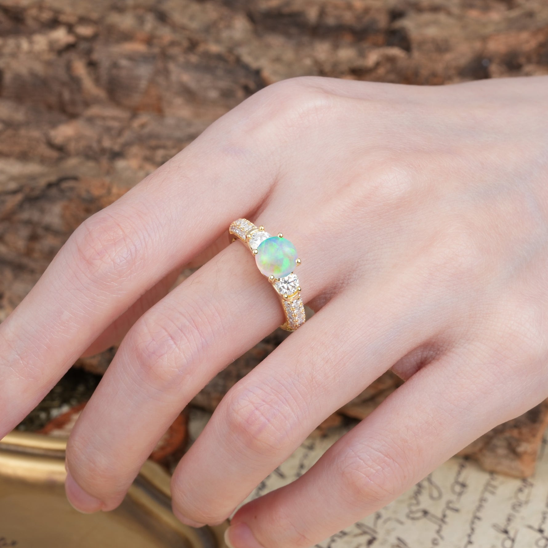 Luxurious Vintage Style Pavé Set Band, 4 Prong Round Cut Fire Opal Three Stone Wedding Ring - Additional view
