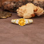 Luxurious Vintage Style Pavé Set Band, 4 Prong Round Cut Citrine Three Stone Wedding Ring - Additional view