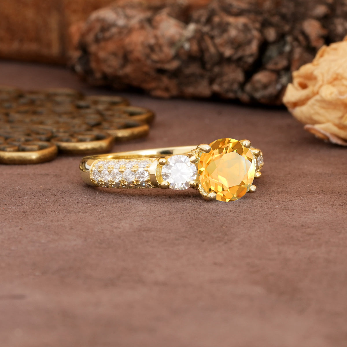 Luxurious Vintage Style Pavé Set Band, 4 Prong Round Cut Citrine Three Stone Wedding Ring - Additional view
