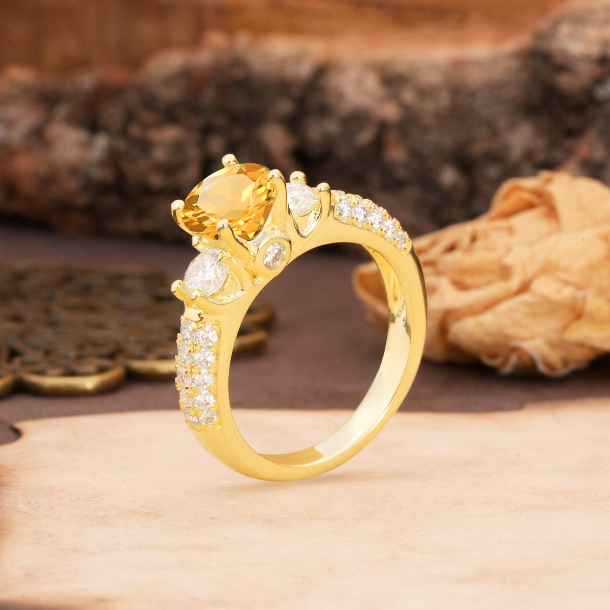 Luxurious Vintage Style Pavé Set Band, 4 Prong Round Cut Citrine Three Stone Wedding Ring - Additional view