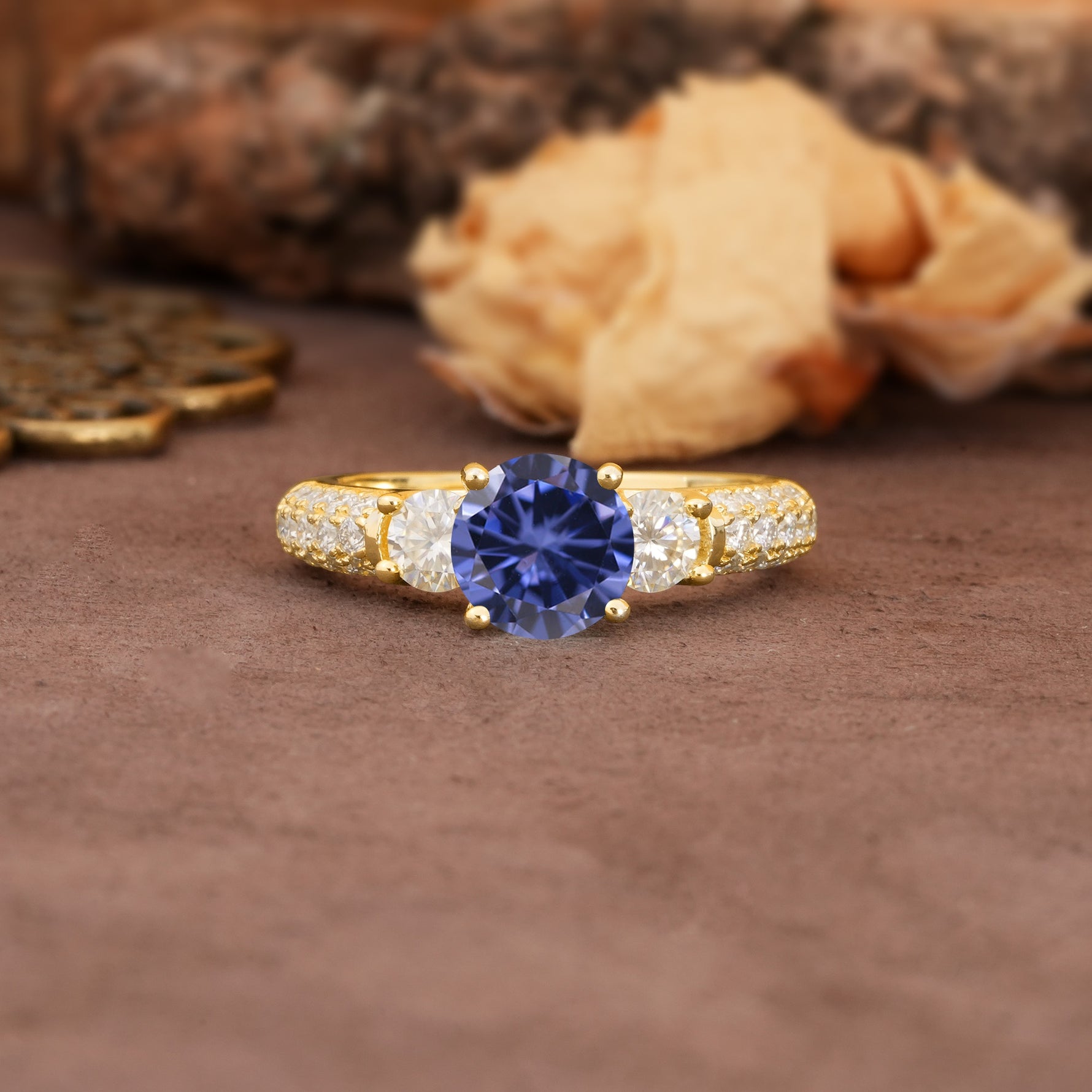 Luxurious Vintage Style Pavé Set Band, 4 Prong Round Cut Tanzanite Three Stone Wedding Ring - Additional view