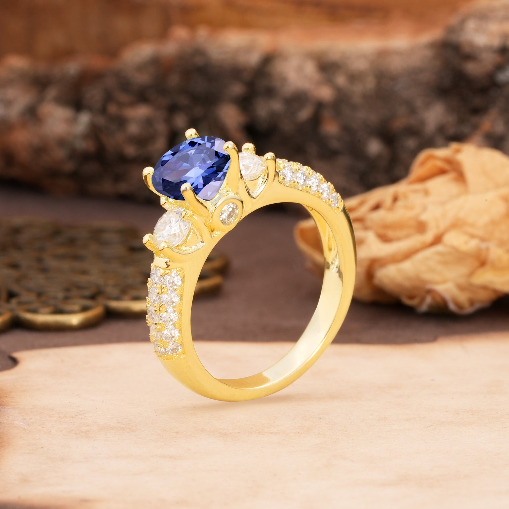 Luxurious Vintage Style Pavé Set Band, 4 Prong Round Cut Tanzanite Three Stone Wedding Ring - Additional view