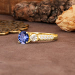 Luxurious Vintage Style Pavé Set Band, 4 Prong Round Cut Tanzanite Three Stone Wedding Ring - Additional view