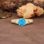 Luxurious Vintage Style Pavé Set Band, 4 Prong Round Cut Turquoise Three Stone Wedding Ring - Additional view