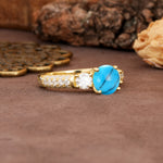 Luxurious Vintage Style Pavé Set Band, 4 Prong Round Cut Turquoise Three Stone Wedding Ring - Additional view