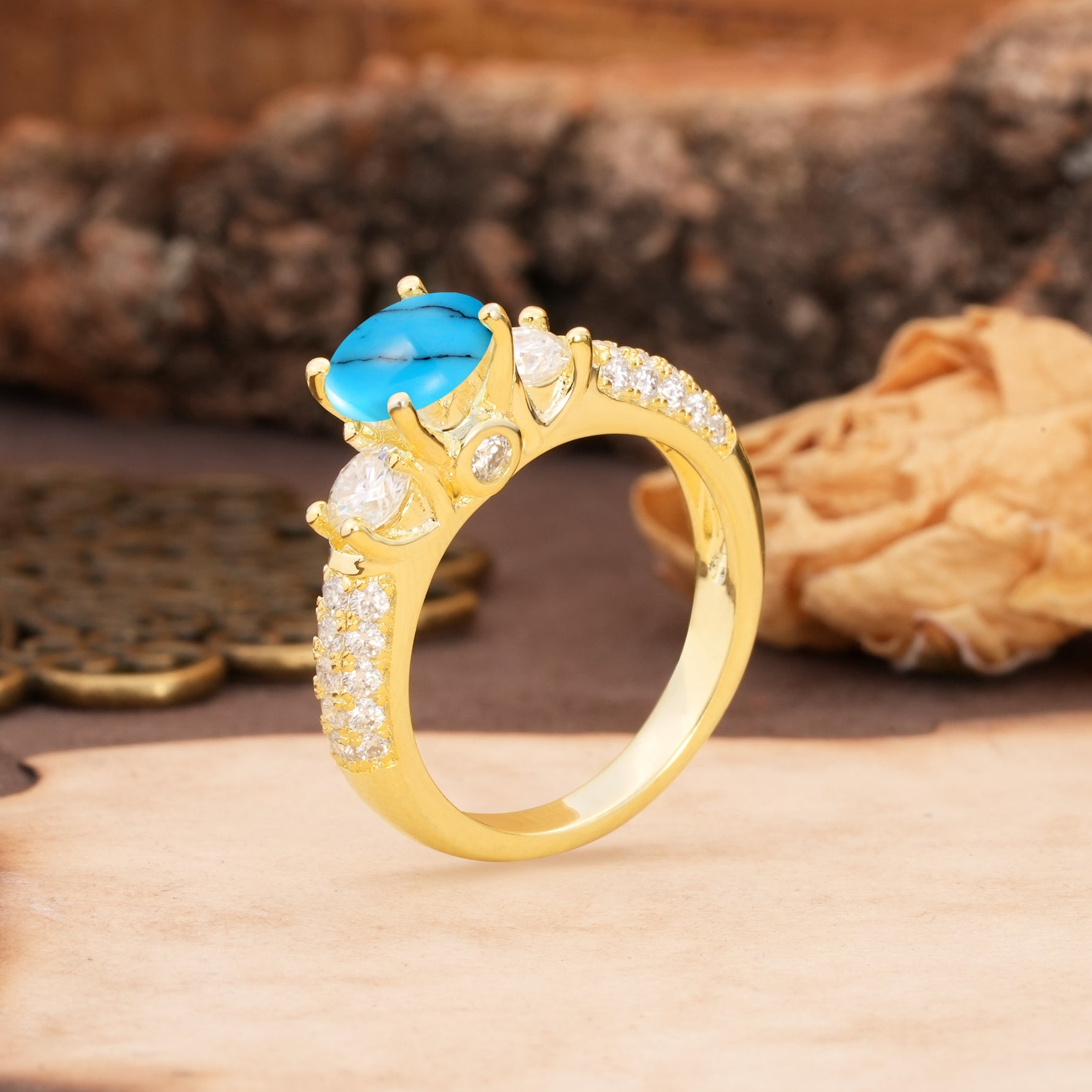 Luxurious Vintage Style Pavé Set Band, 4 Prong Round Cut Turquoise Three Stone Wedding Ring - Additional view