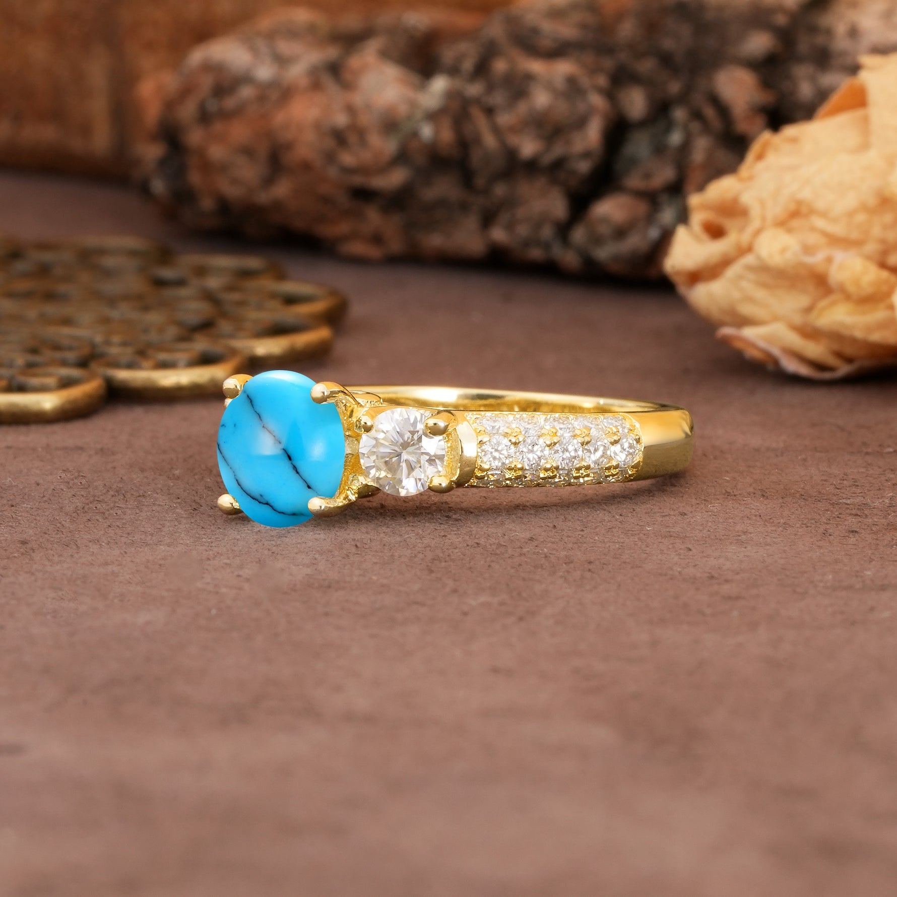 Luxurious Vintage Style Pavé Set Band, 4 Prong Round Cut Turquoise Three Stone Wedding Ring - Additional view
