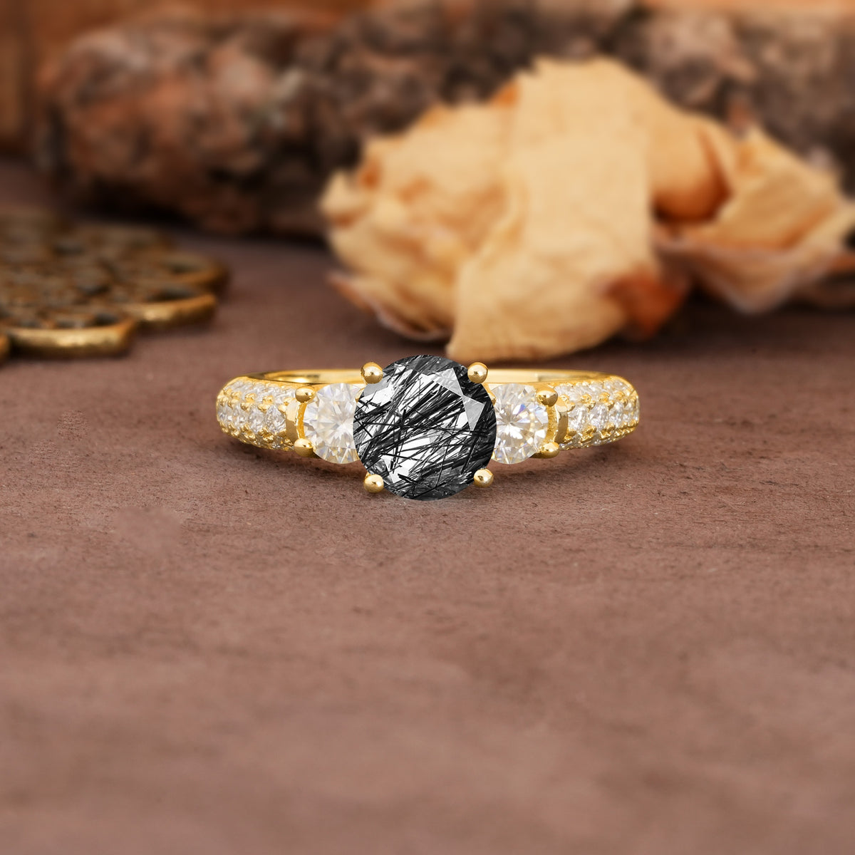 Luxurious Vintage Style Pavé Set Band, 4 Prong Round Cut Black Rutilated Quartz Three Stone Wedding Ring - Additional view