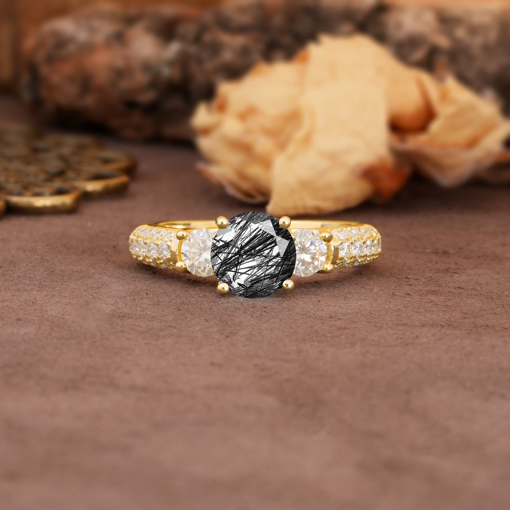Luxurious Vintage Style Pavé Set Band, 4 Prong Round Cut Black Rutilated Quartz Three Stone Wedding Ring - Additional view
