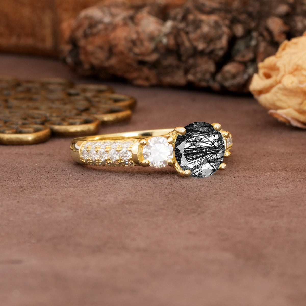 Luxurious Vintage Style Pavé Set Band, 4 Prong Round Cut Black Rutilated Quartz Three Stone Wedding Ring - Additional view