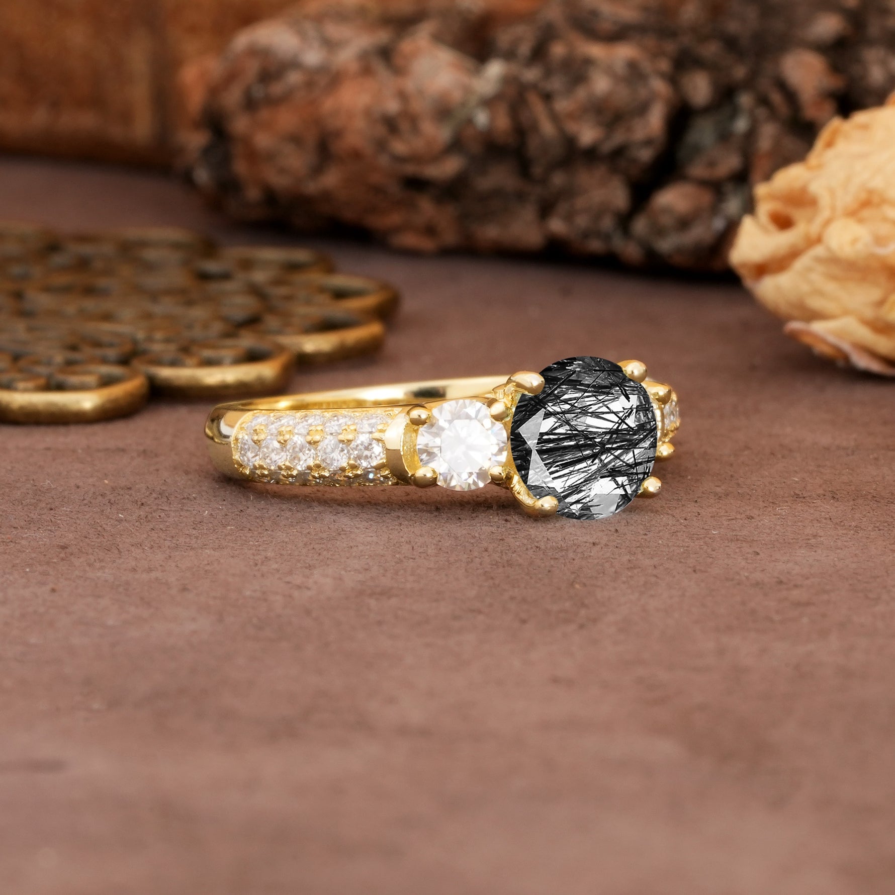 Luxurious Vintage Style Pavé Set Band, 4 Prong Round Cut Black Rutilated Quartz Three Stone Wedding Ring - Additional view
