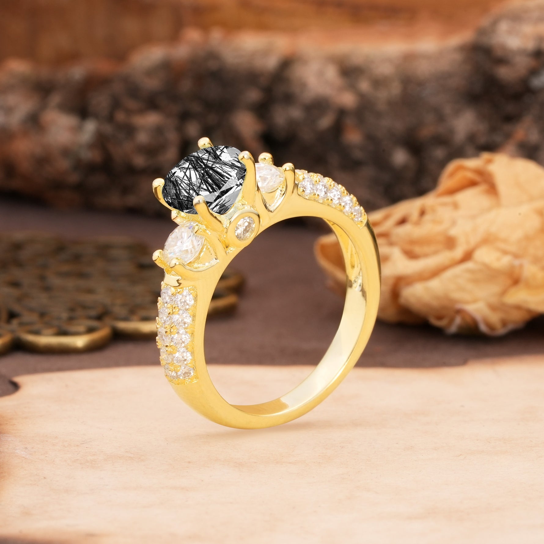 Luxurious Vintage Style Pavé Set Band, 4 Prong Round Cut Black Rutilated Quartz Three Stone Wedding Ring - Additional view