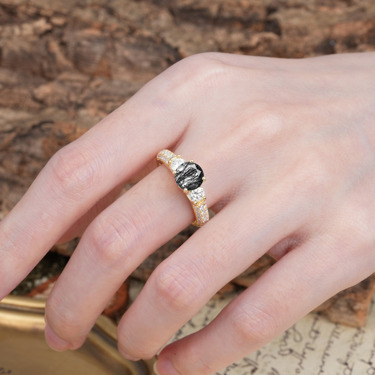 Luxurious Vintage Style Pavé Set Band, 4 Prong Round Cut Black Rutilated Quartz Three Stone Wedding Ring - Additional view