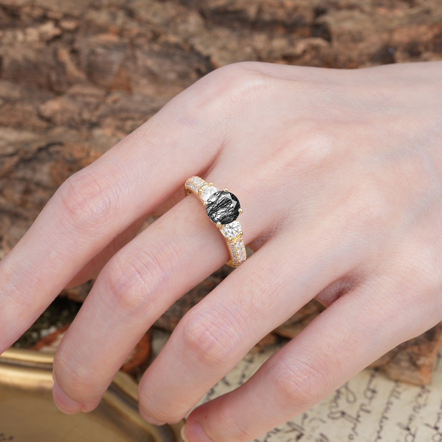 Luxurious Vintage Style Pavé Set Band, 4 Prong Round Cut Black Rutilated Quartz Three Stone Wedding Ring - Additional view