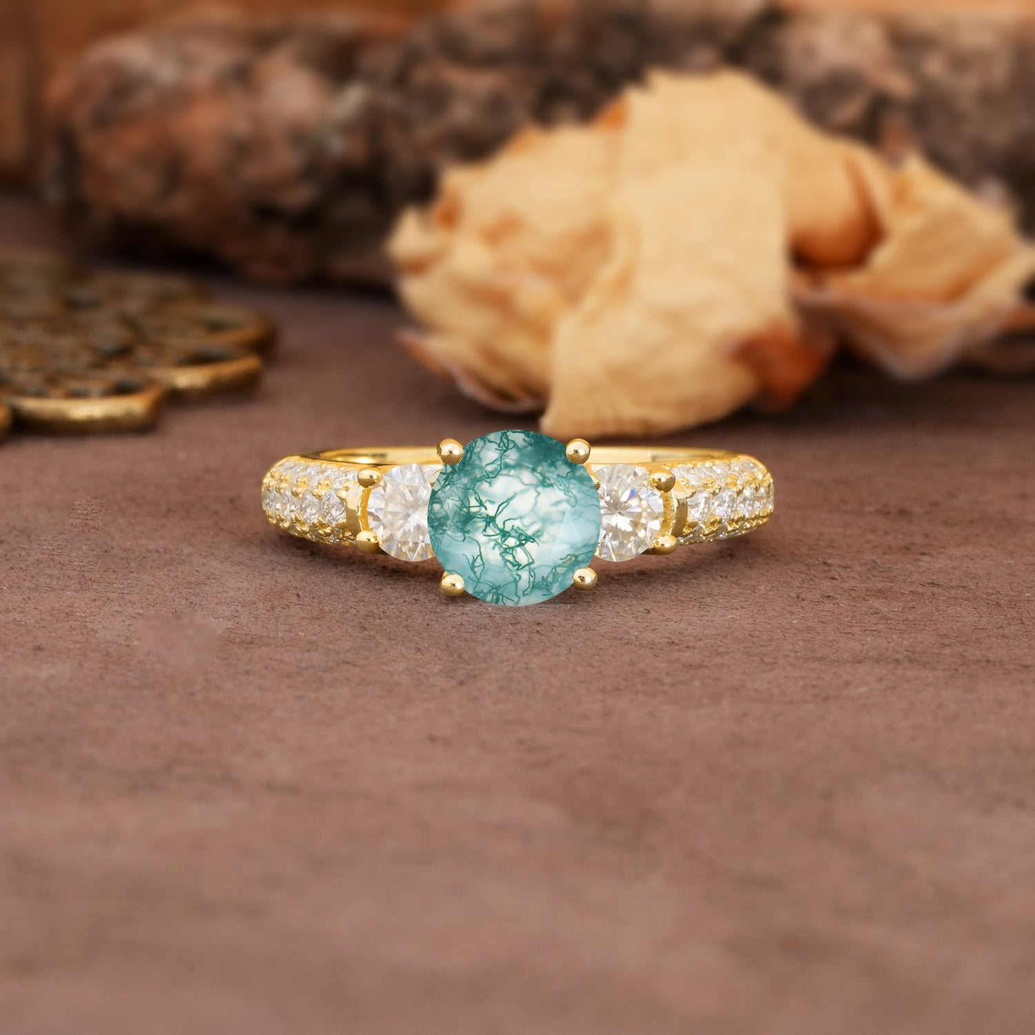 Luxurious Vintage Style Pavé Set Band, 4 Prong Round Cut Moss Agate Three Stone Wedding Ring - Additional view