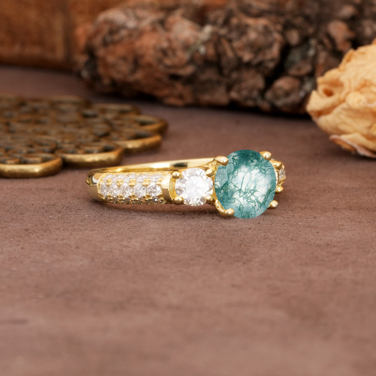 Luxurious Vintage Style Pavé Set Band, 4 Prong Round Cut Moss Agate Three Stone Wedding Ring - Additional view