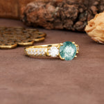 Luxurious Vintage Style Pavé Set Band, 4 Prong Round Cut Moss Agate Three Stone Wedding Ring - Additional view