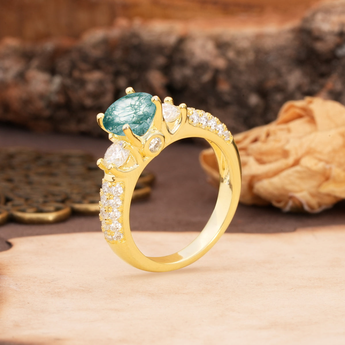 Luxurious Vintage Style Pavé Set Band, 4 Prong Round Cut Moss Agate Three Stone Wedding Ring - Additional view