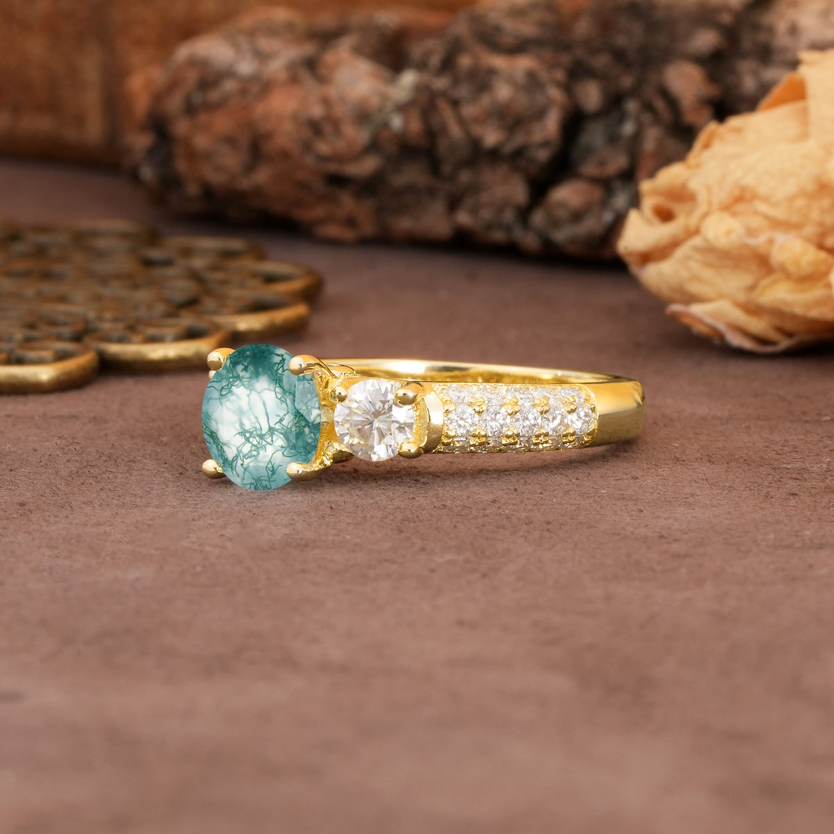 Luxurious Vintage Style Pavé Set Band, 4 Prong Round Cut Moss Agate Three Stone Wedding Ring - Additional view