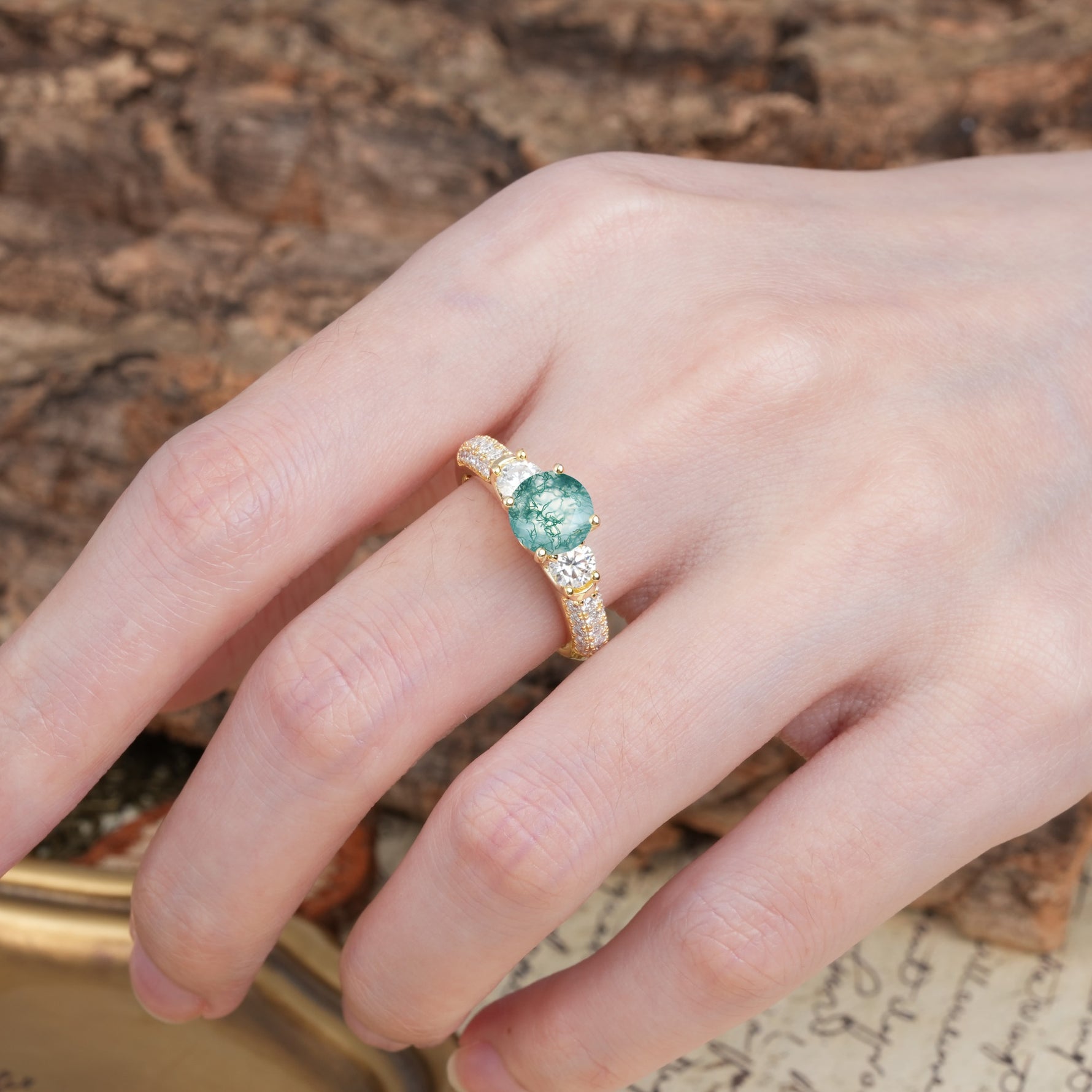 Luxurious Vintage Style Pavé Set Band, 4 Prong Round Cut Moss Agate Three Stone Wedding Ring - Additional view