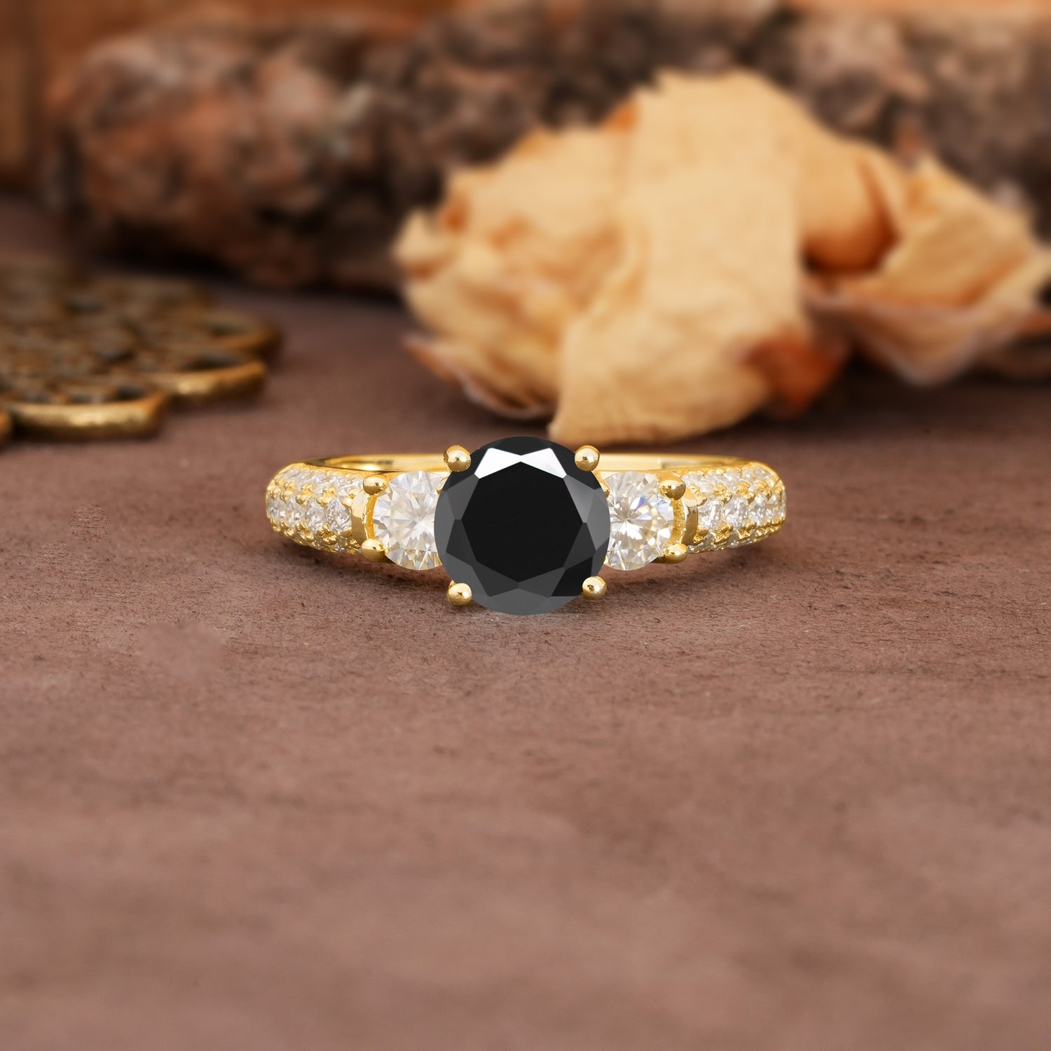 Luxurious Vintage Style Pavé Set Band, 4 Prong Round Cut Black Onyx Three Stone Wedding Ring - Additional view