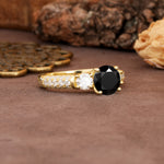 Luxurious Vintage Style Pavé Set Band, 4 Prong Round Cut Black Onyx Three Stone Wedding Ring - Additional view