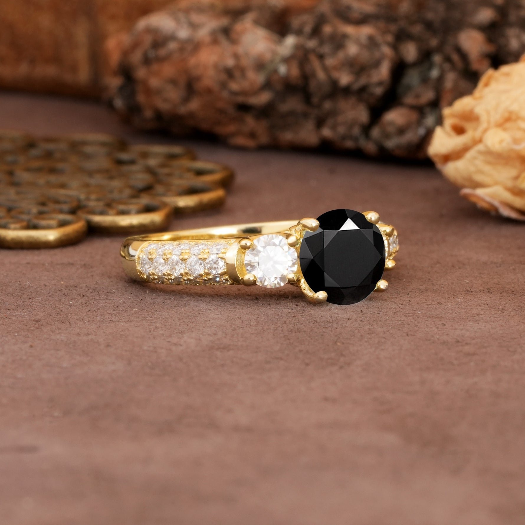 Luxurious Vintage Style Pavé Set Band, 4 Prong Round Cut Black Onyx Three Stone Wedding Ring - Additional view