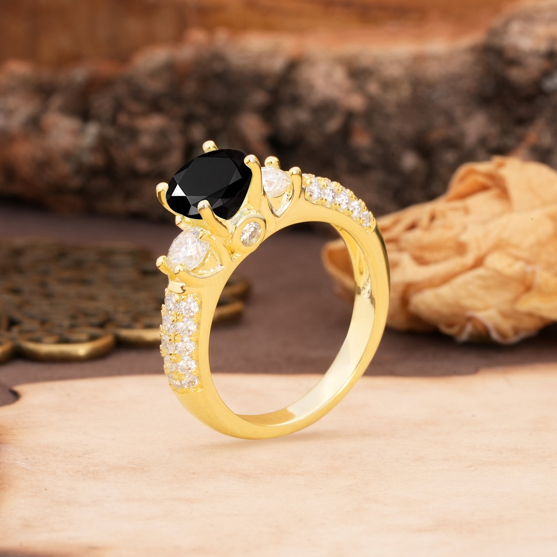 Luxurious Vintage Style Pavé Set Band, 4 Prong Round Cut Black Onyx Three Stone Wedding Ring - Additional view