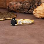 Luxurious Vintage Style Pavé Set Band, 4 Prong Round Cut Black Onyx Three Stone Wedding Ring - Additional view
