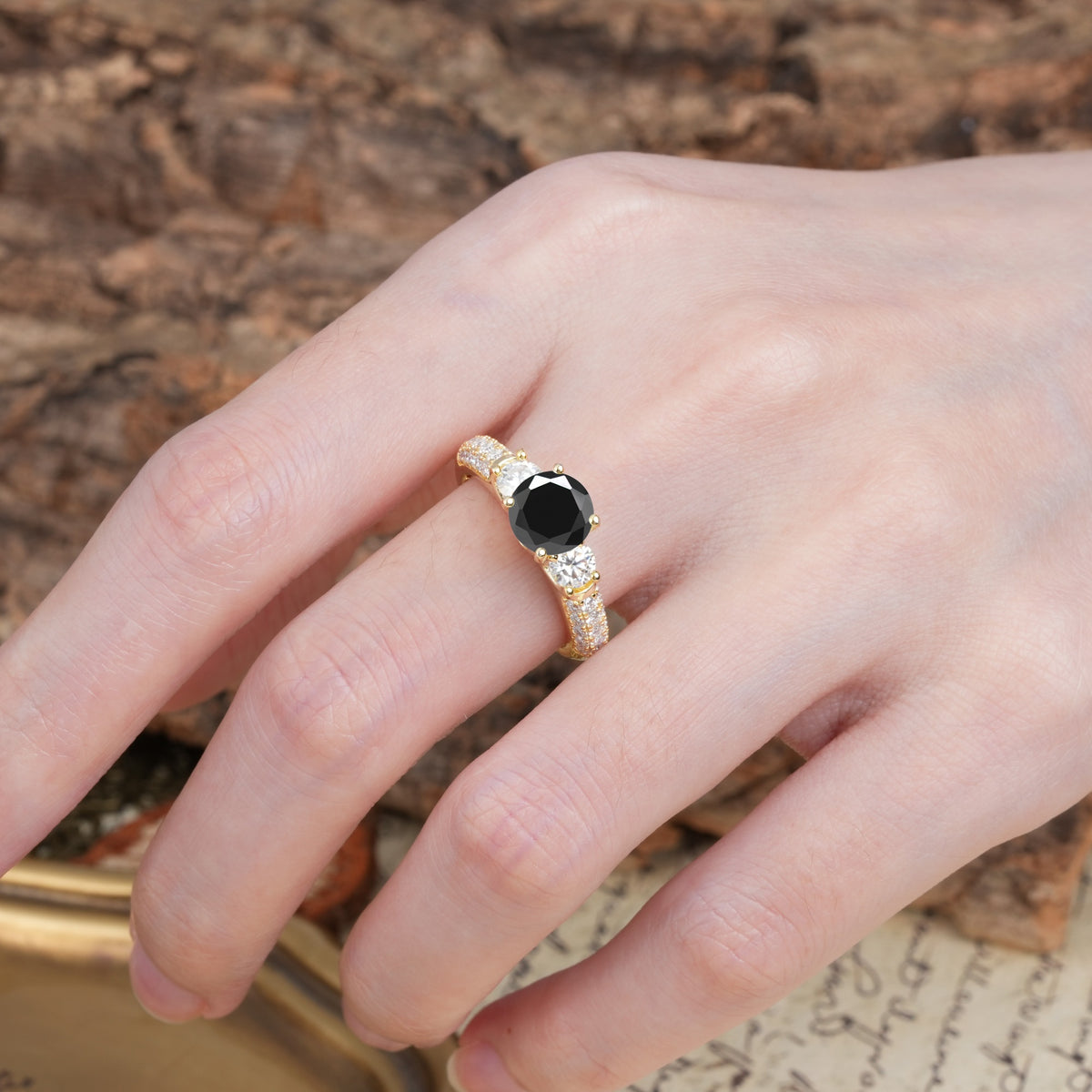 Luxurious Vintage Style Pavé Set Band, 4 Prong Round Cut Black Onyx Three Stone Wedding Ring - Additional view