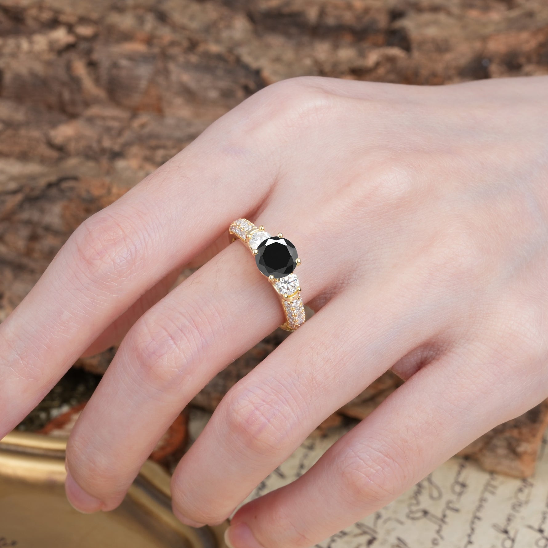 Luxurious Vintage Style Pavé Set Band, 4 Prong Round Cut Black Onyx Three Stone Wedding Ring - Additional view