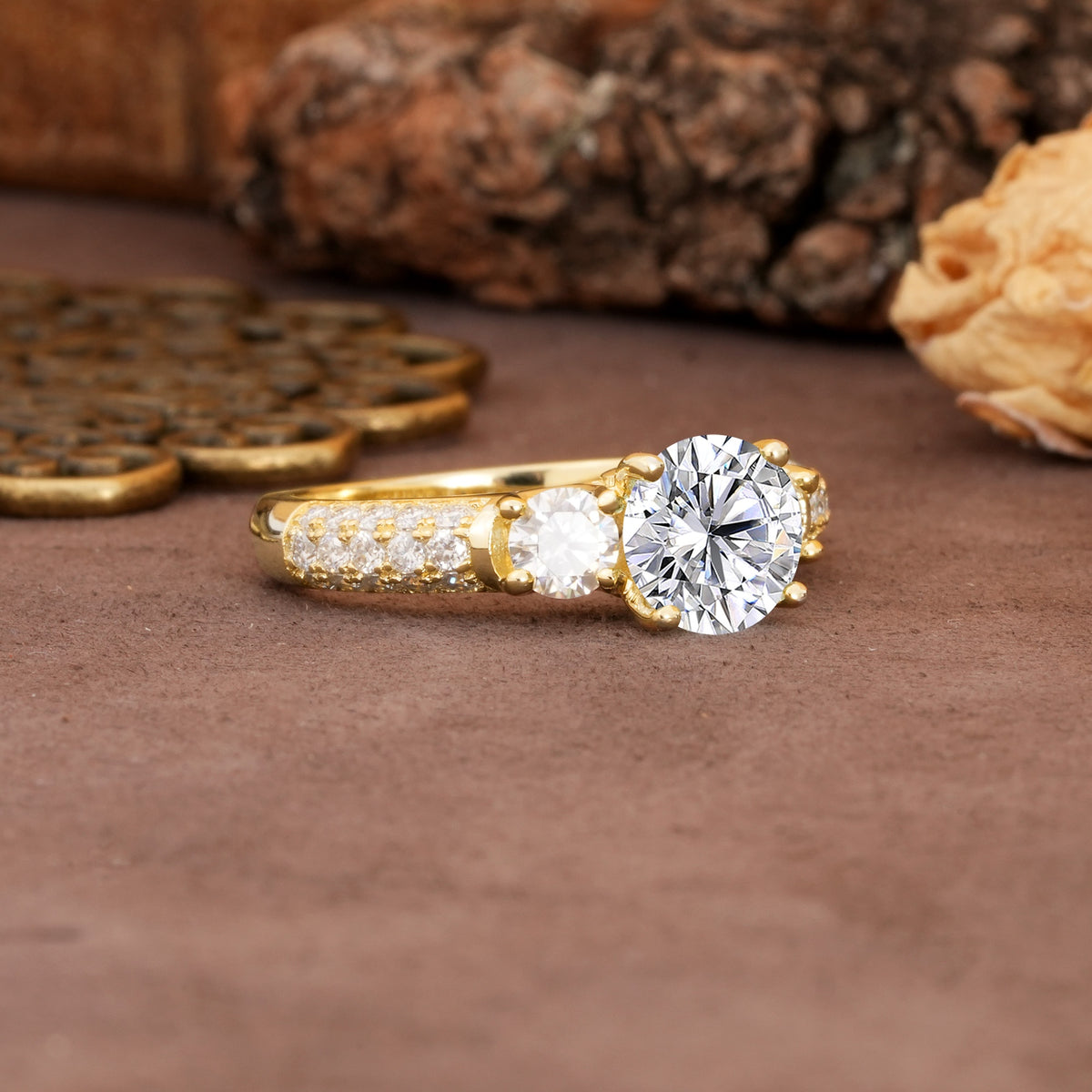 Luxurious Vintage Style Pavé Set Band, 4 Prong Round Cut Lab Diamond Three Stone Wedding Ring - Additional view