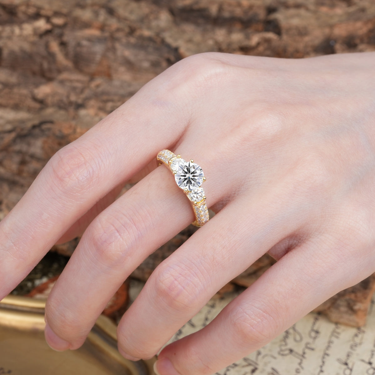 Luxurious Vintage Style Pavé Set Band, 4 Prong Round Cut Lab Diamond Three Stone Wedding Ring - Additional view